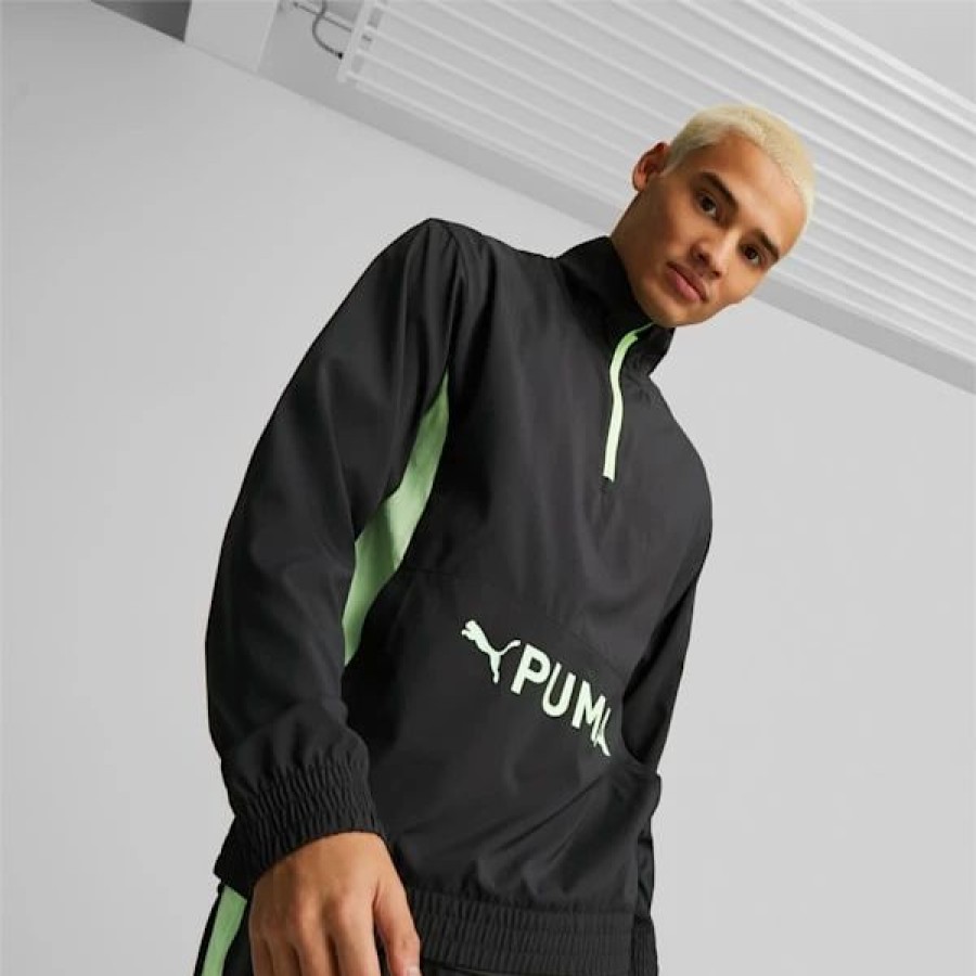 Clothing * | Train Fit Men'S Woven Half-Zip Training Jacket Puma Black-Fizzy Lime