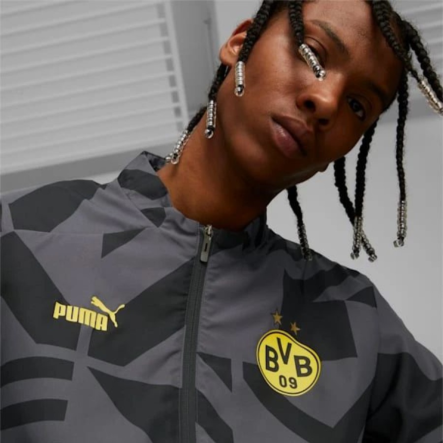 Sports * | Borussia Dortmund Soccer Men'S Prematch Jacket Puma Black-Asphalt