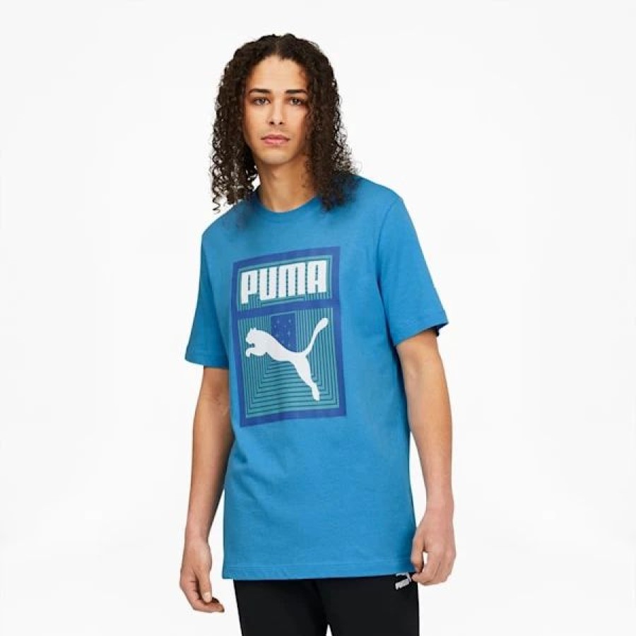 Clothing * | Puma Logo Box Illusion Men'S Graphic Tee Bleu Azur